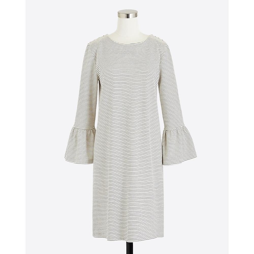 J‎ Crew Factory Shift Dress XXS Cream Black Stripe Ruffle Sleeve Keyhole Neck